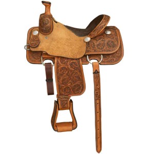 A team roping western saddle featuring leather carved flowers and roughtout jockeys with customizable seat size and personalized silver conchos 